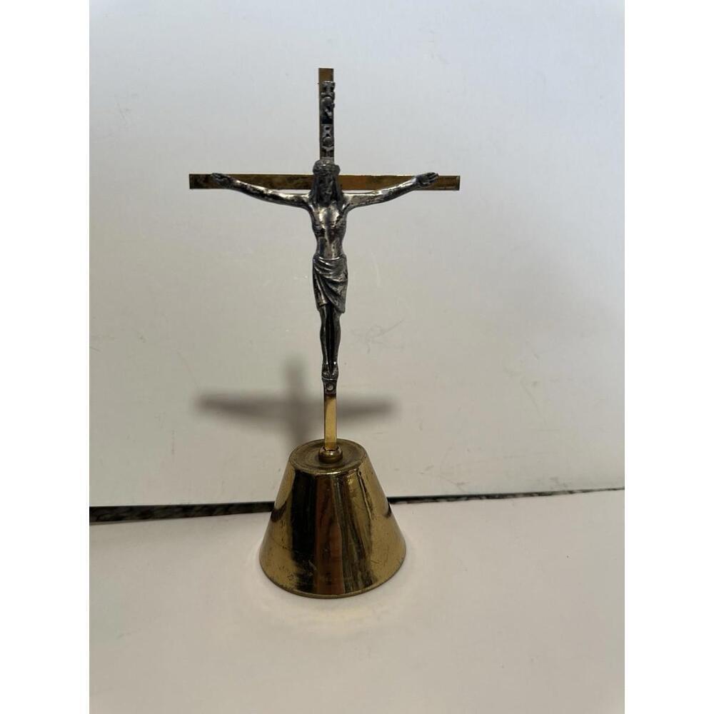 VINTAGE CRUCIFIX Silver toned JESUS CHRIST Brass CROSS CRUCIFIXION 7”